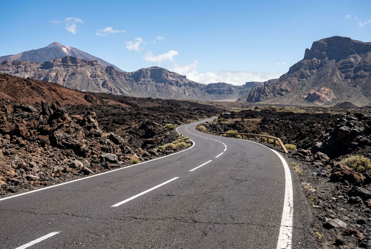Scenic TF-21 mountain highway curving through volcanic lava fields in Teide National Park