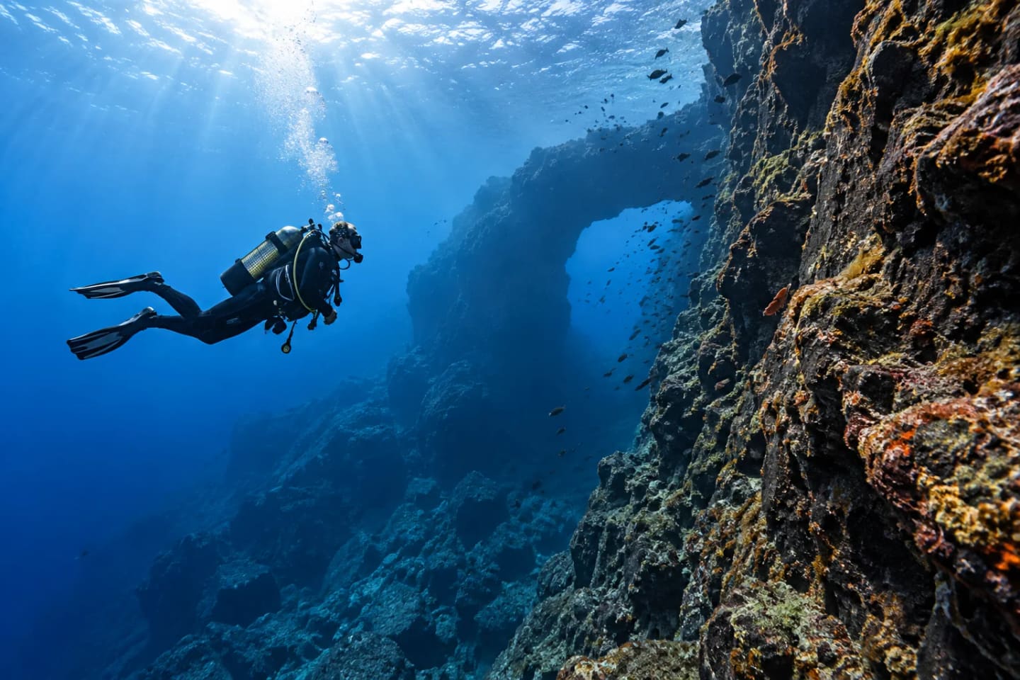 A scuba diver beside a steep volcanic rock wall in blue Atlantic water