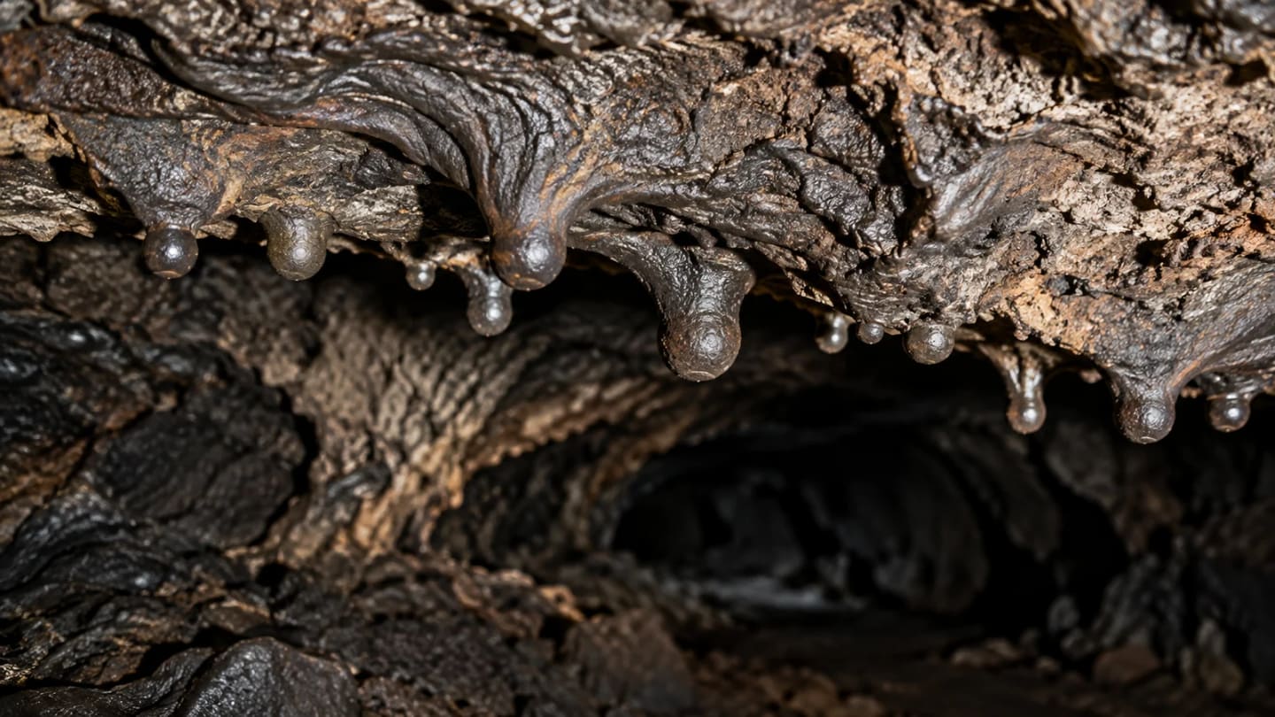 Close-up of solidified lava drips and rough basalt textures on a volcanic cave ceiling