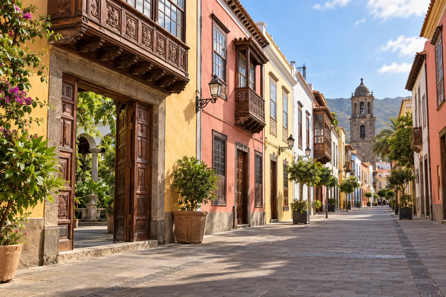Colourful historic façades and wooden balconies on Calle San Agustín in La Laguna