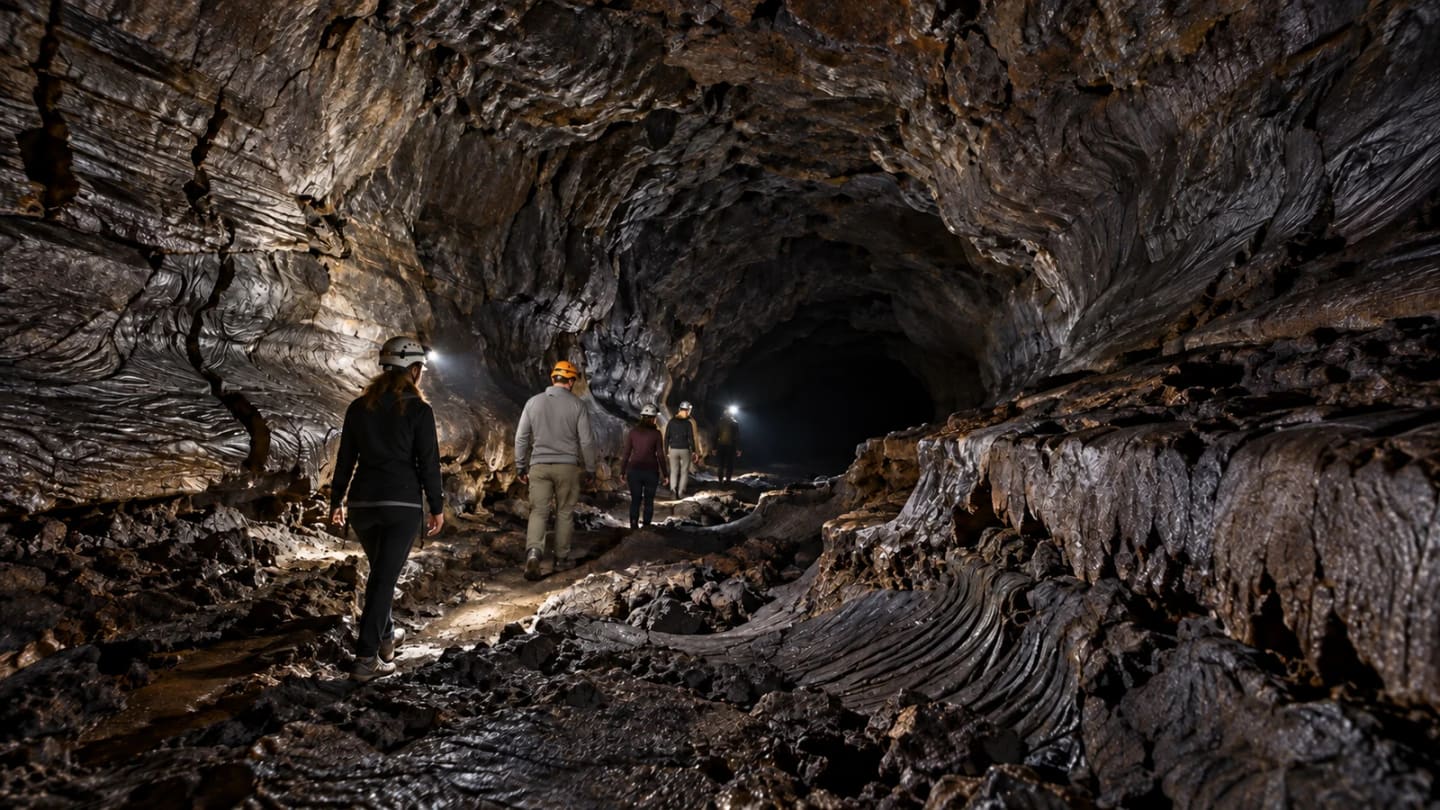 Helmeted visitors with headlamps inside a dark basalt lava tube
