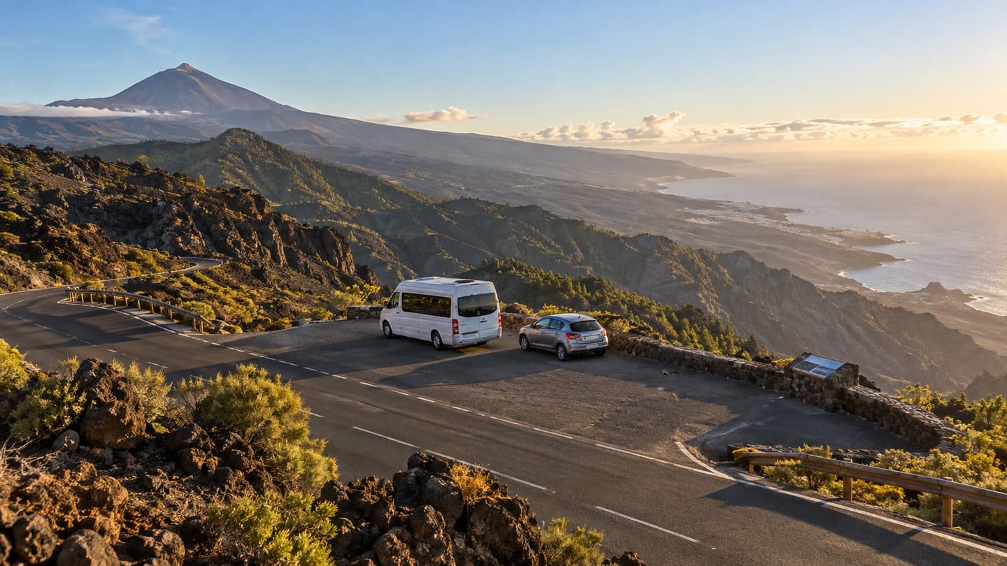 Tour minibus and hire car at a Tenerife mountain viewpoint with Mount Teide and the Atlantic coast