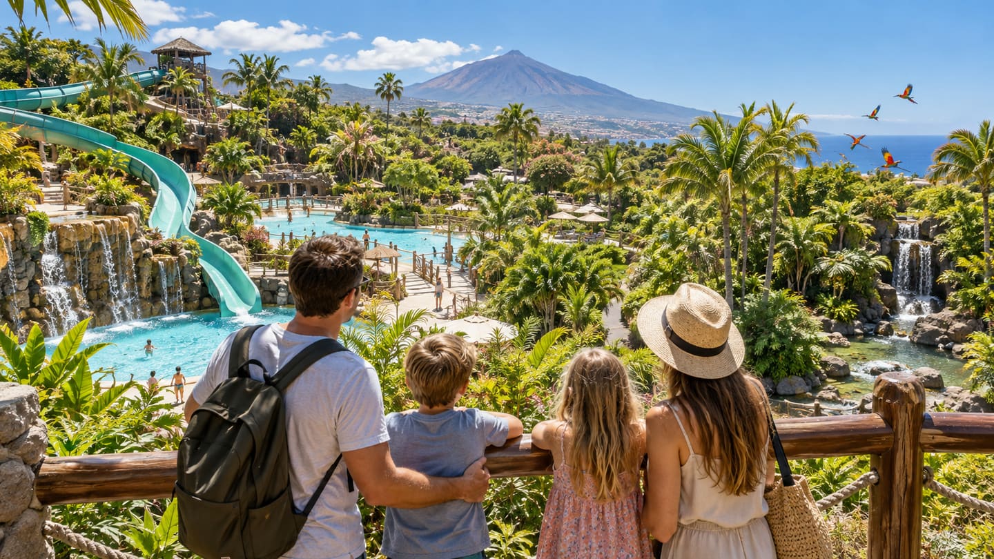 Family looking across a tropical Tenerife water park and bird garden