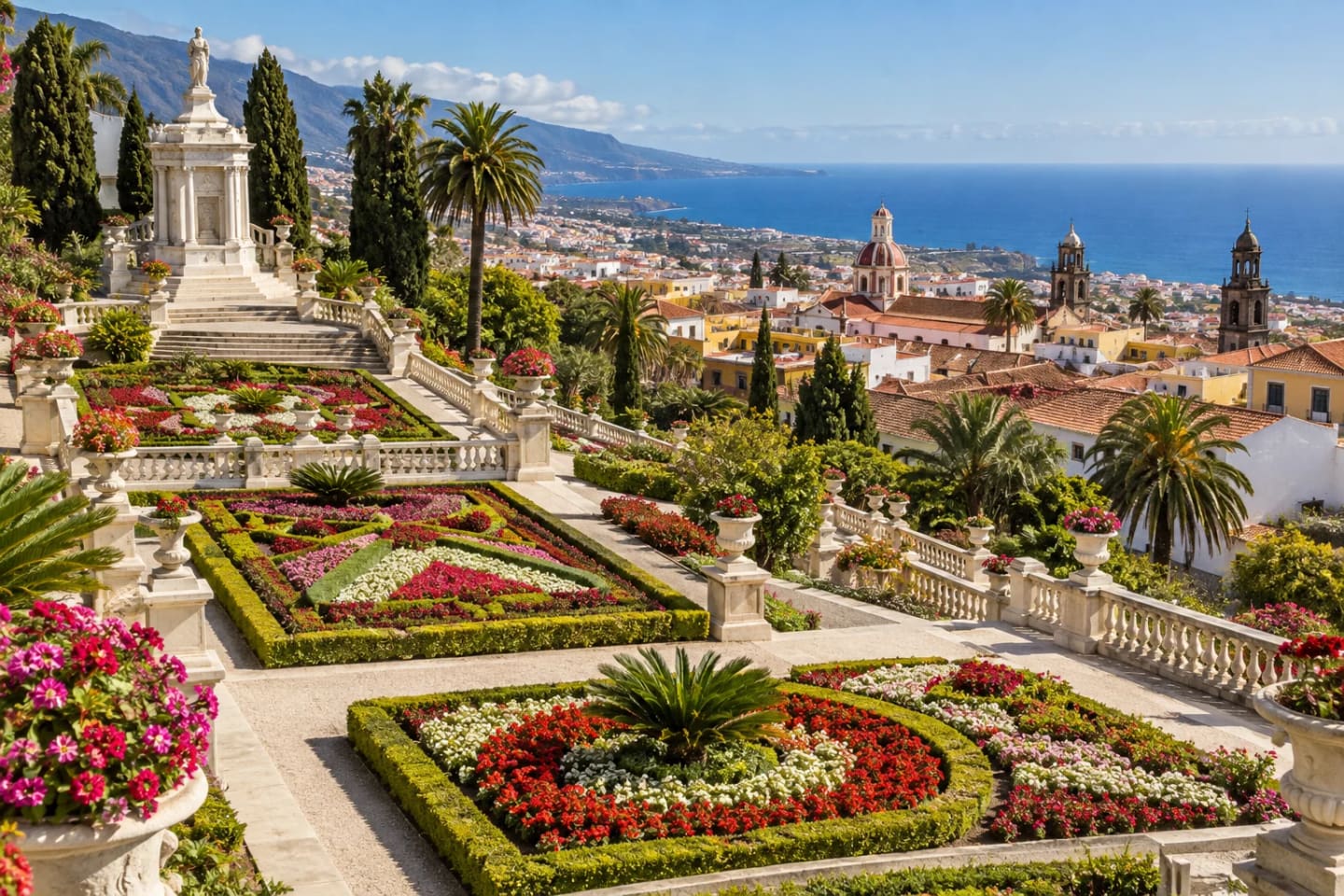 Victoria Gardens terraces, geometric flowerbeds and a pale mausoleum above La Orotava