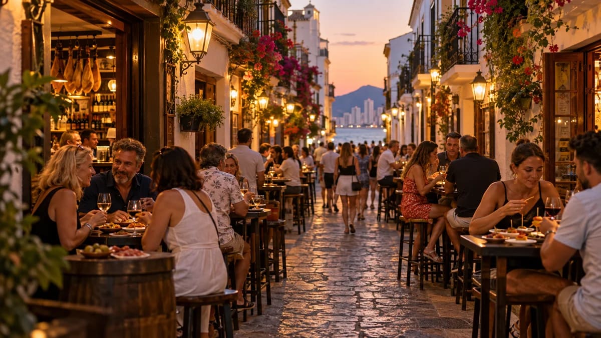 Evening scene of diners outside tapas bars in Benidorm