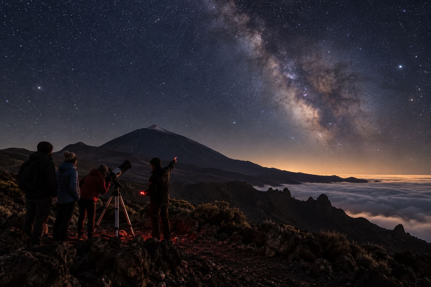A small astronomy group using a telescope beneath the Milky Way in Teide National Park