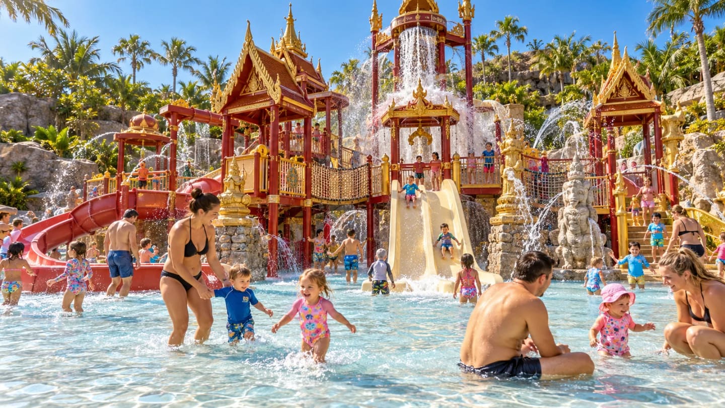 Thai-style towers and small slides in an illustrated children