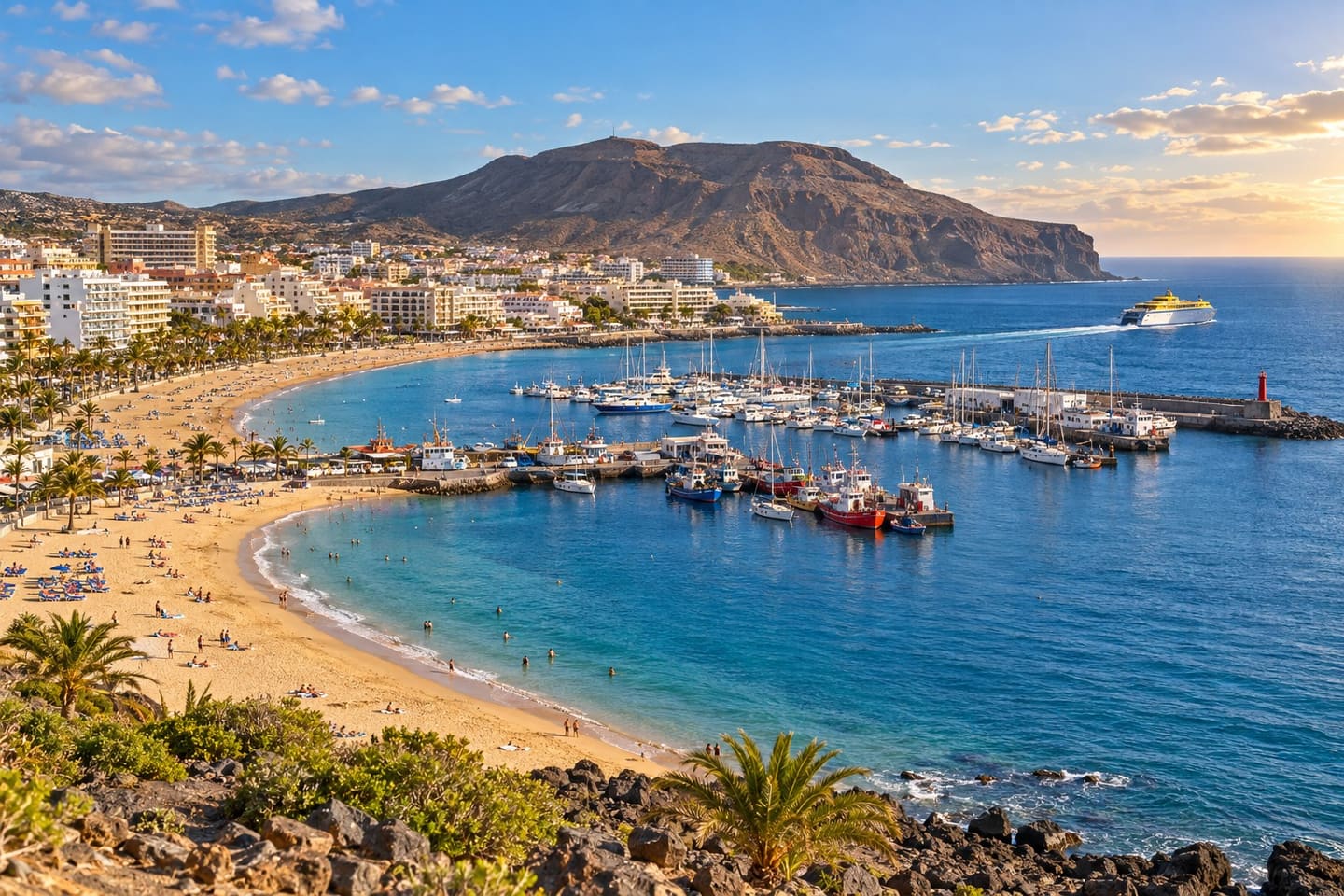 Los Cristianos harbour, sandy coastline and Montaña de Guaza
