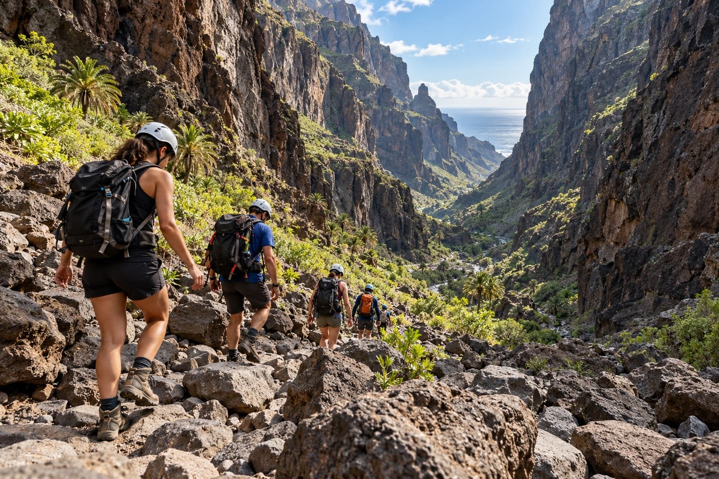 Helmeted hikers in sturdy trekking boots walking among boulders between high volcanic canyon walls