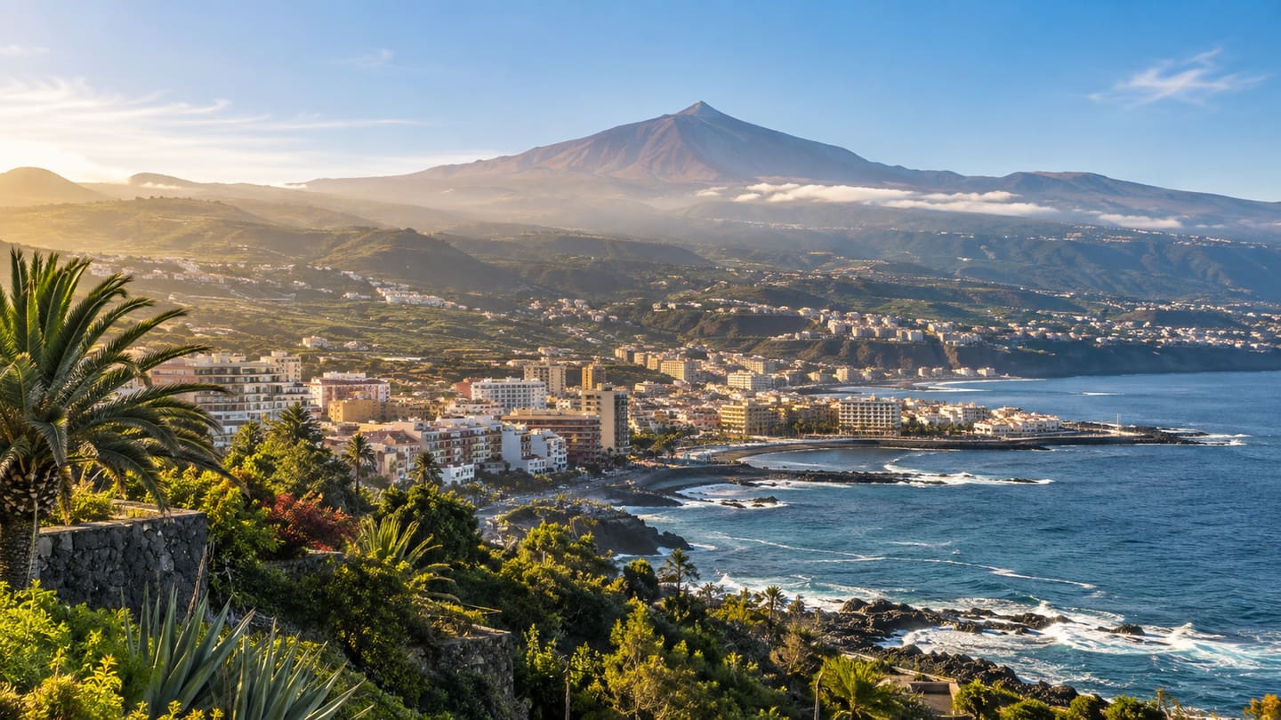 Puerto de la Cruz, the green Orotava Valley and Mount Teide seen from the north coast