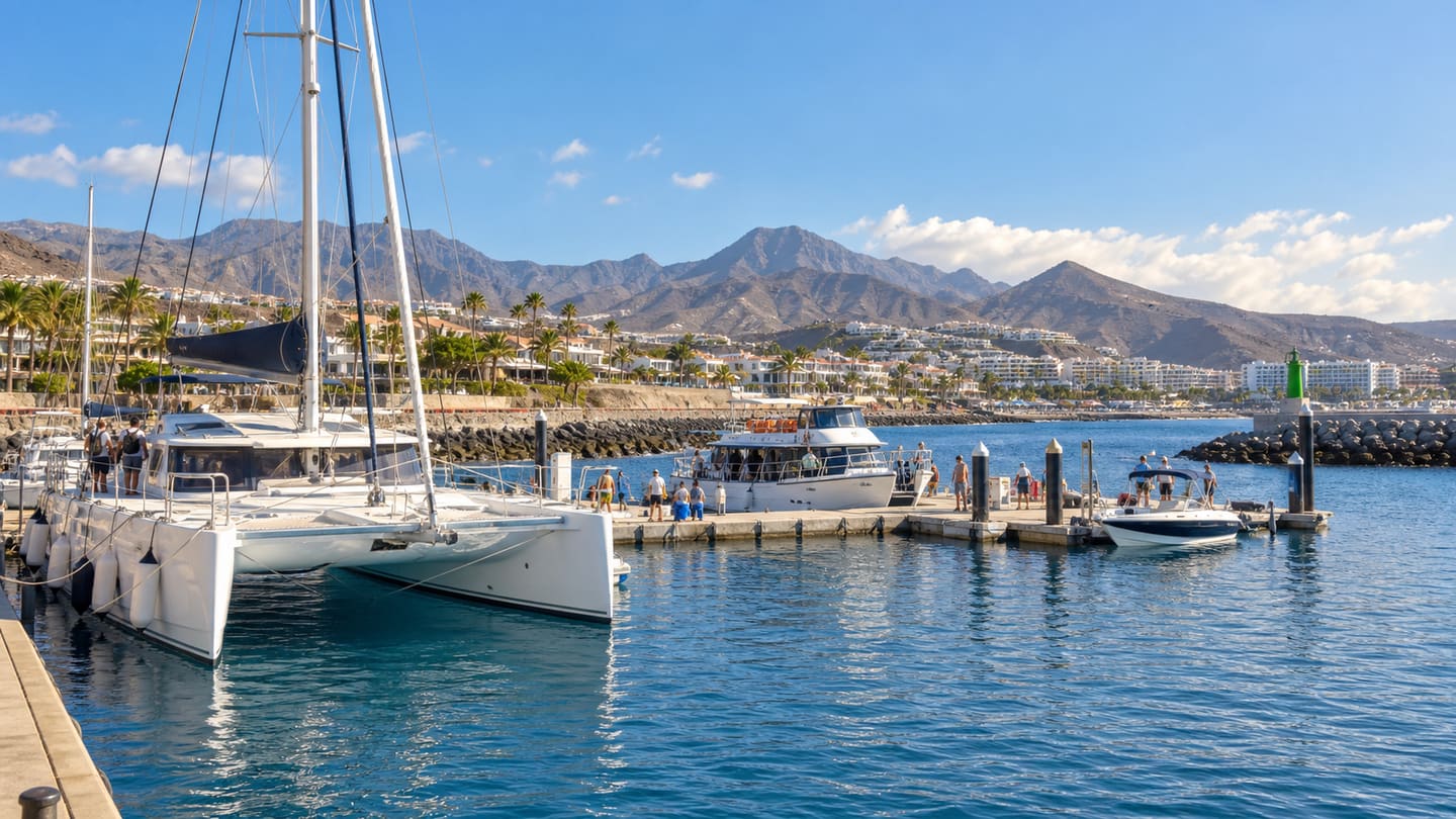 Catamaran and excursion boats preparing to depart from Puerto Colón marina in Costa Adeje