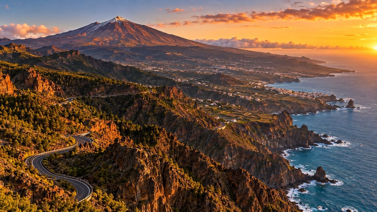 Mount Teide rising above Tenerife’s mountain roads and Atlantic coastline in warm evening light