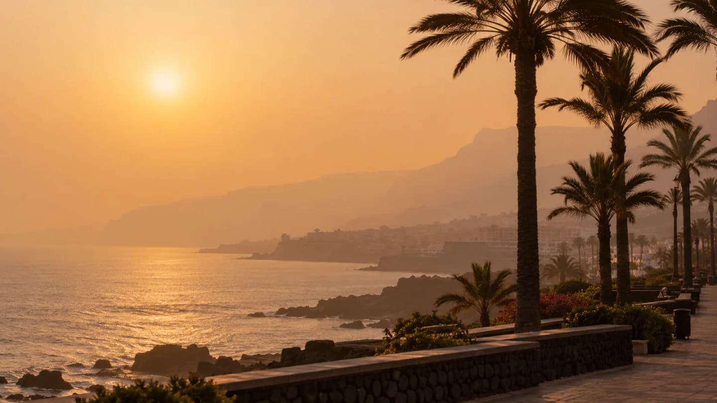 Amber coastal haze and palm silhouettes illustrating a calima episode in Tenerife
