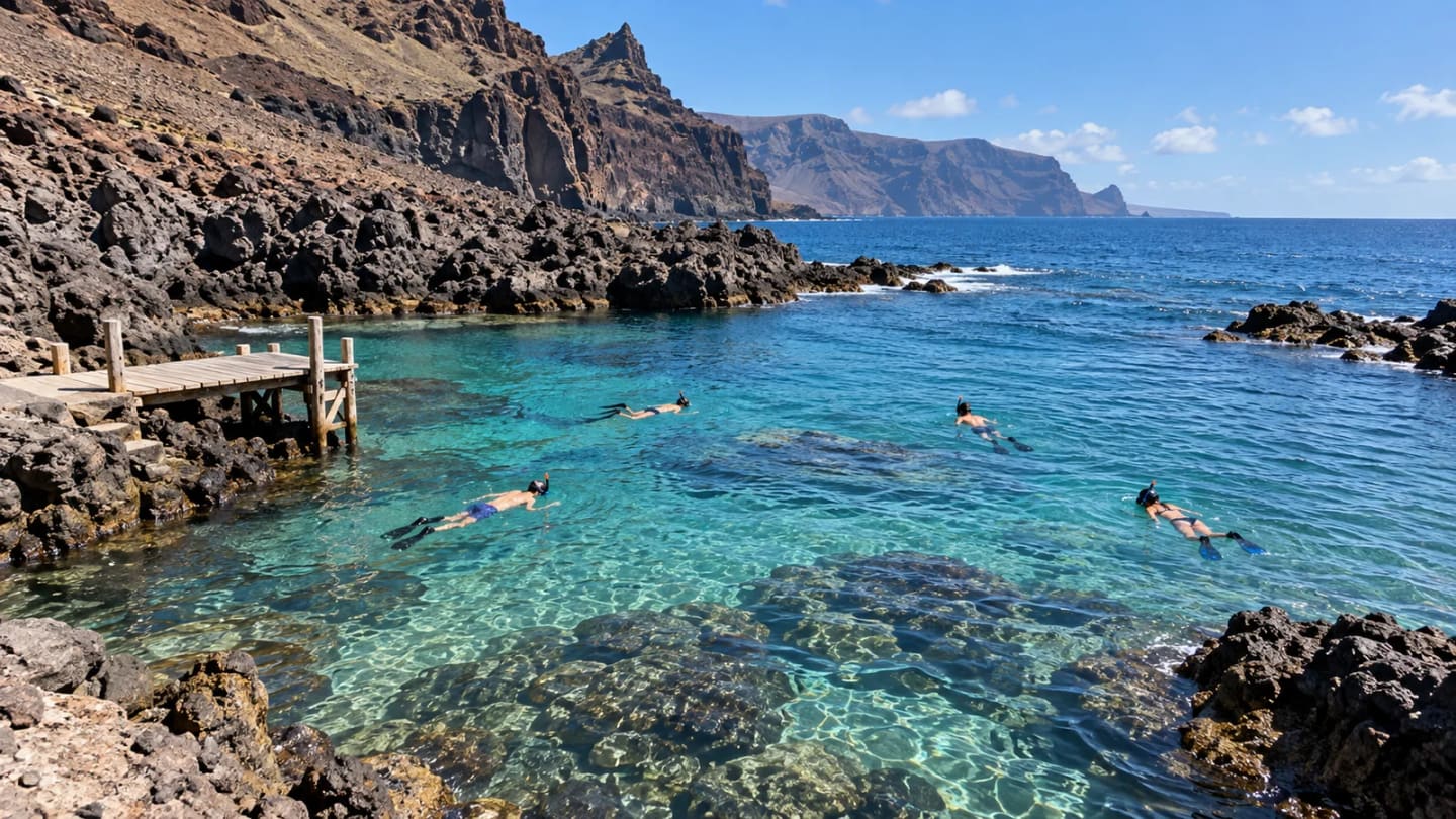 A turquoise Punta de Teno cove with volcanic rocks, a wooden jetty and snorkellers