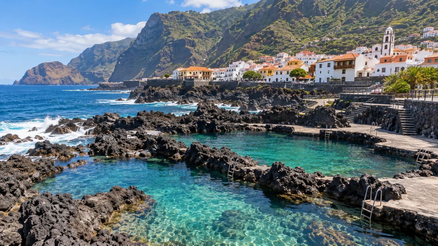 El Caletón black lava pools below Garachico’s white buildings and volcanic cliffs