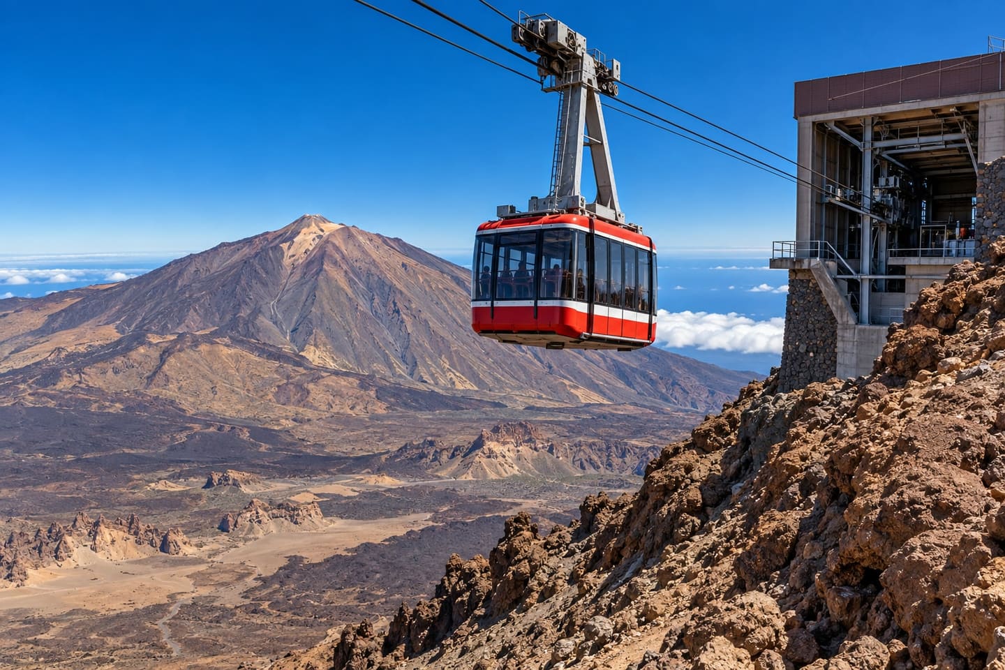 Red-and-white Teide cable-car cabin approaching La Rambleta beneath the volcanic peak