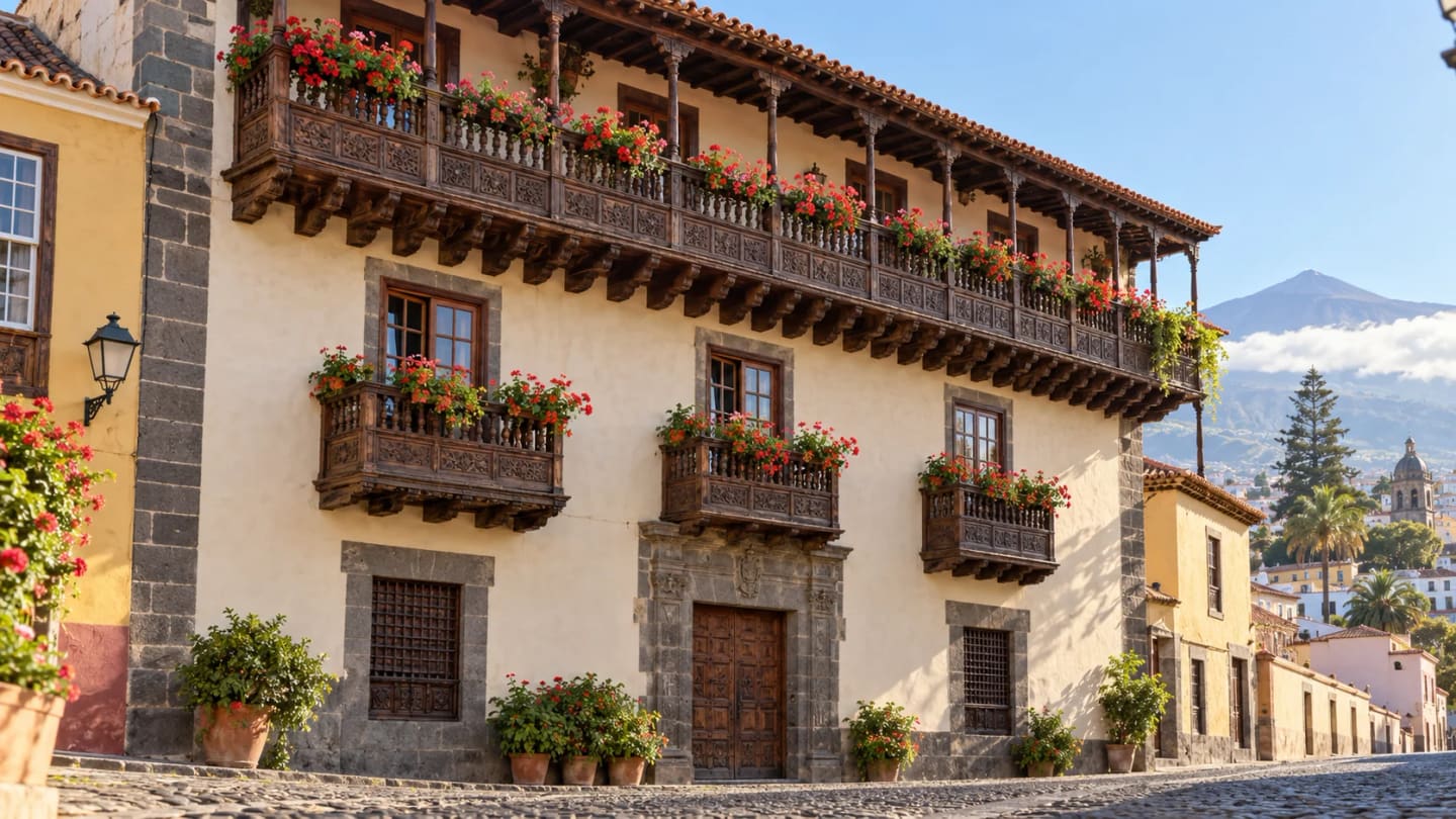 Casa de los Balcones with carved dark wooden balconies and red geraniums