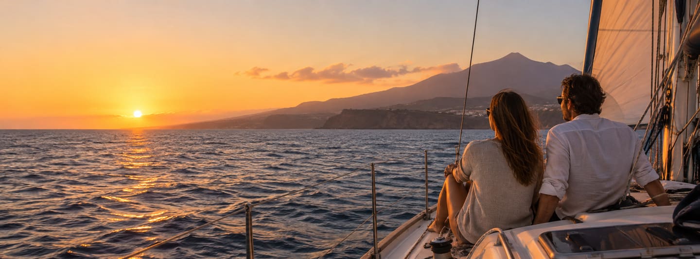 Couple sailing at sunset off Tenerife with the volcanic coast behind them