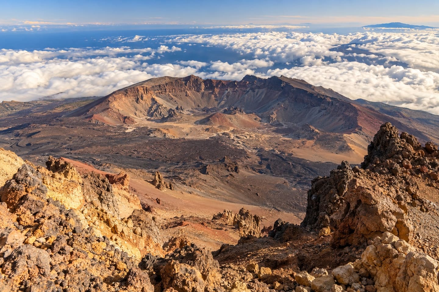 View towards the multicoloured Pico Viejo crater and a sea of clouds from the upper slopes of Teide