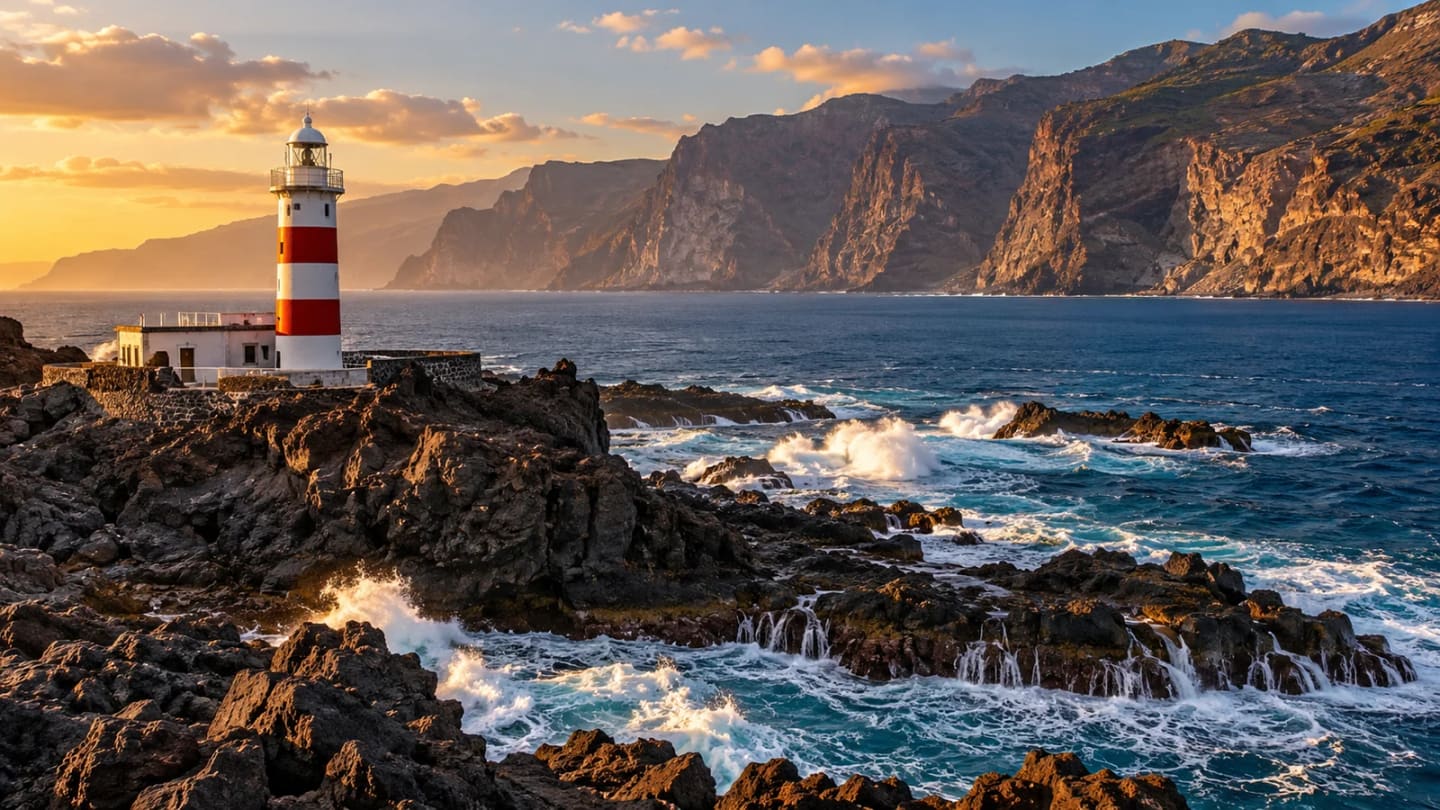 The red-and-white Punta de Teno lighthouse on volcanic rock with coastal cliffs across the water