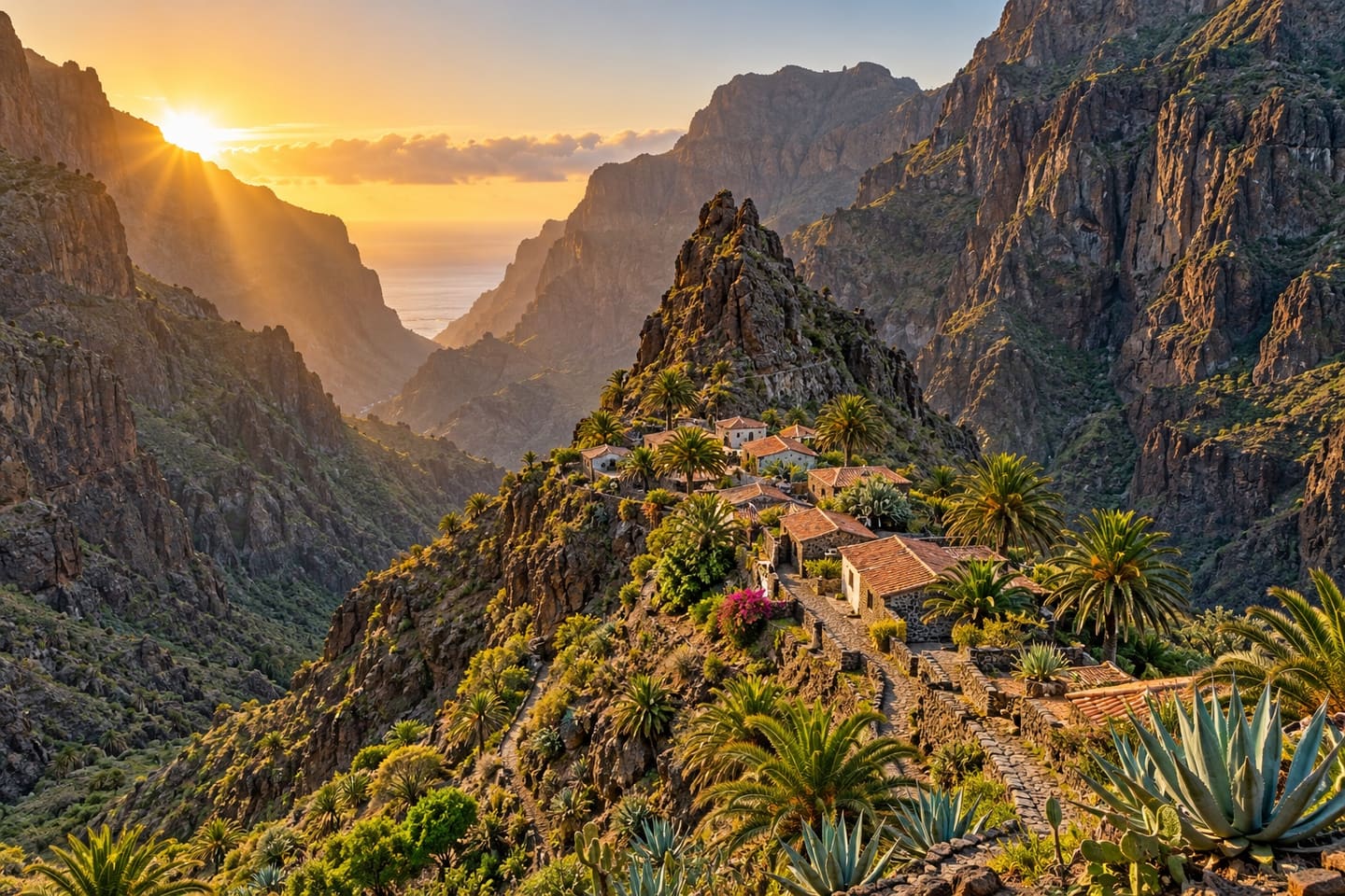 Stone houses and palms on a narrow Masca ridge surrounded by the volcanic walls of Teno