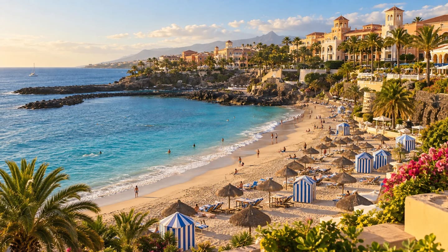 Pale sand and striped beach huts at Playa del Duque with Costa Adeje hotels behind the bay