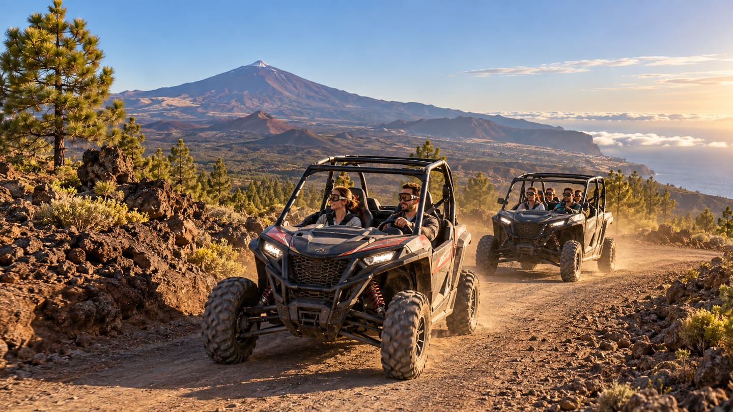 Two-seat and four-seat off-road buggies following a volcanic dirt track beneath Mount Teide