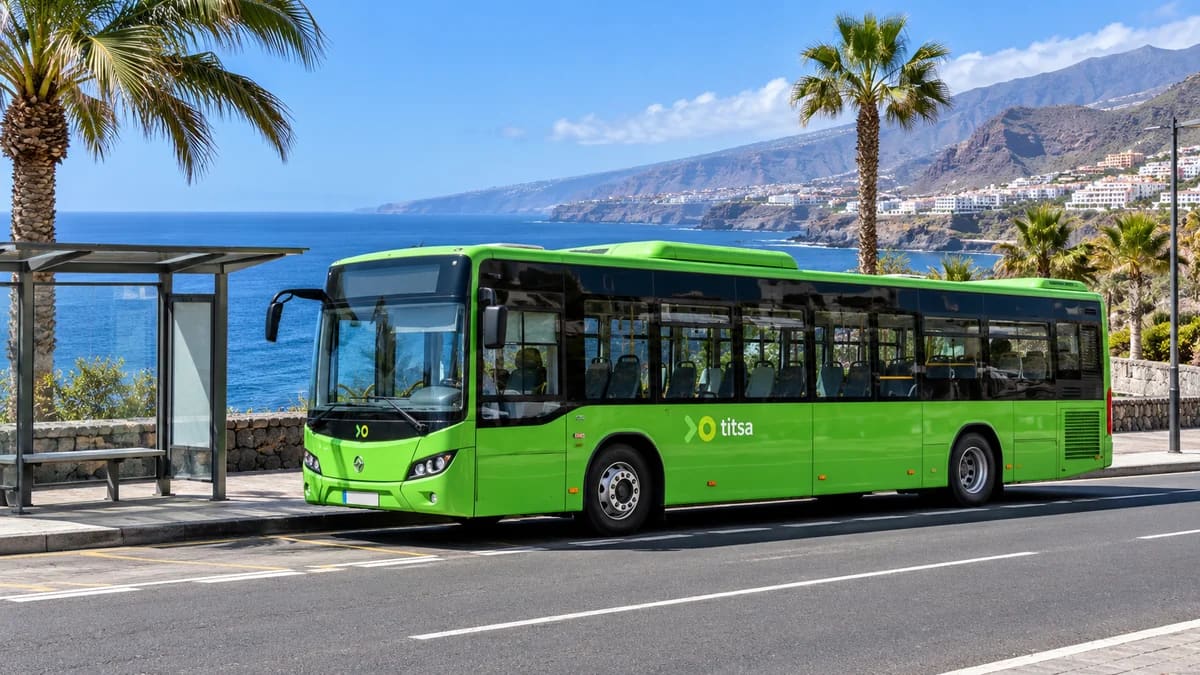Green TITSA bus beside a coastal bus shelter in south Tenerife