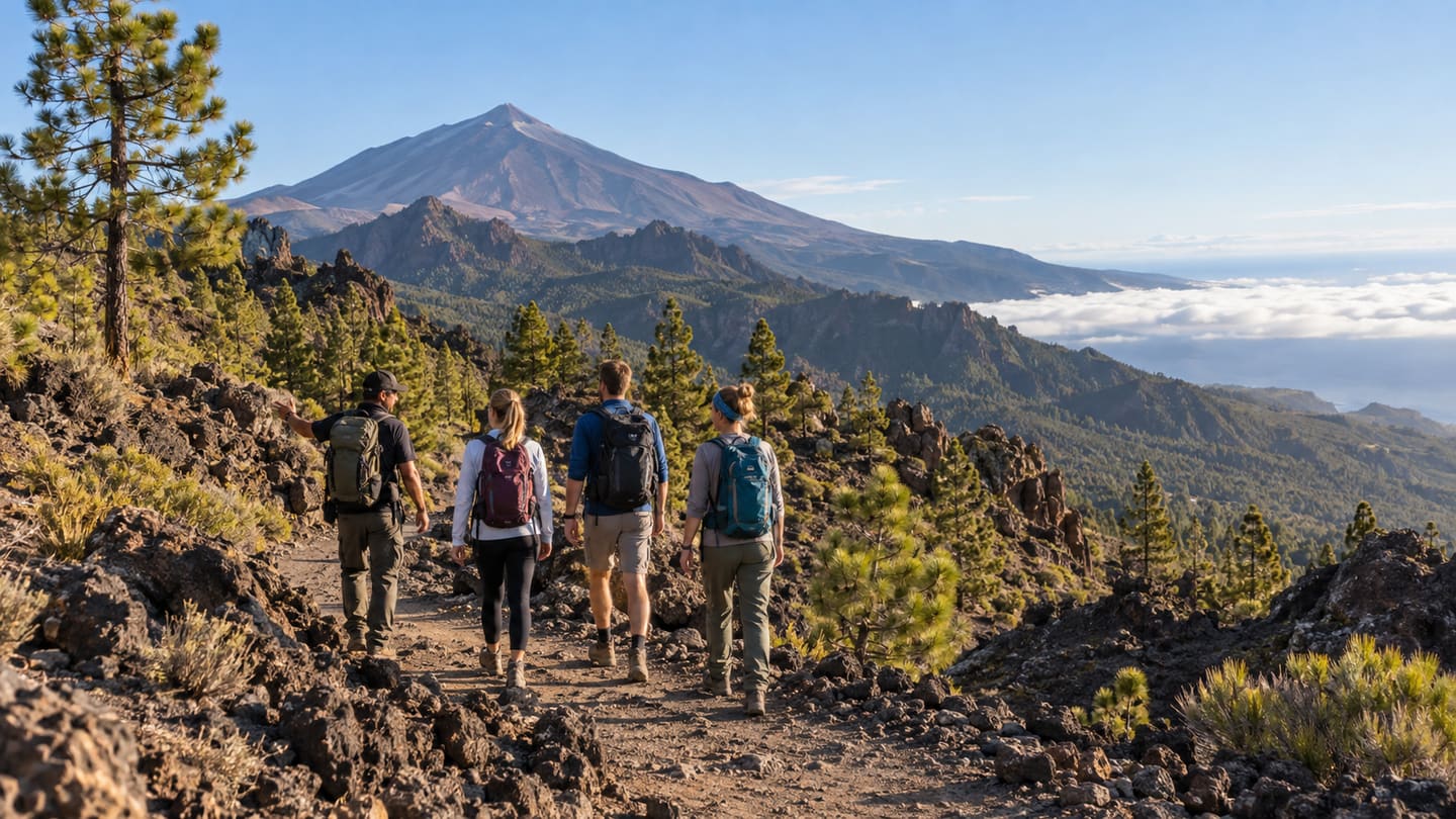 A small guided hiking group on a volcanic trail with Mount Teide in the distance