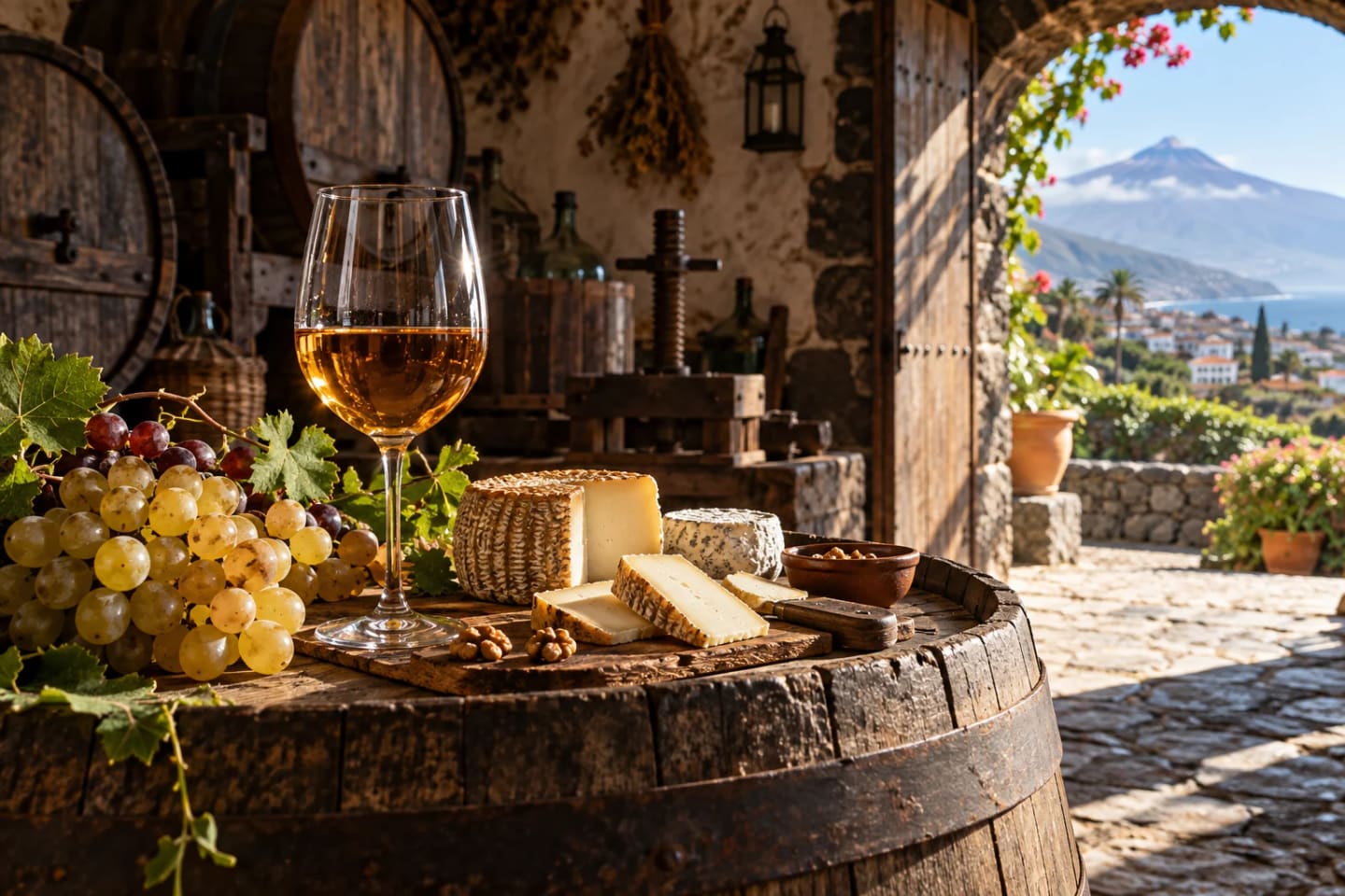 Amber Malvasía wine, goat cheese and grapes on a wooden barrel in a Canarian bodega