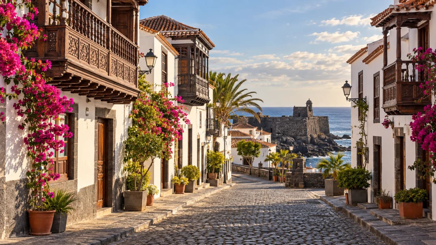 A Garachico old-town street with white walls and wooden Canarian balconies