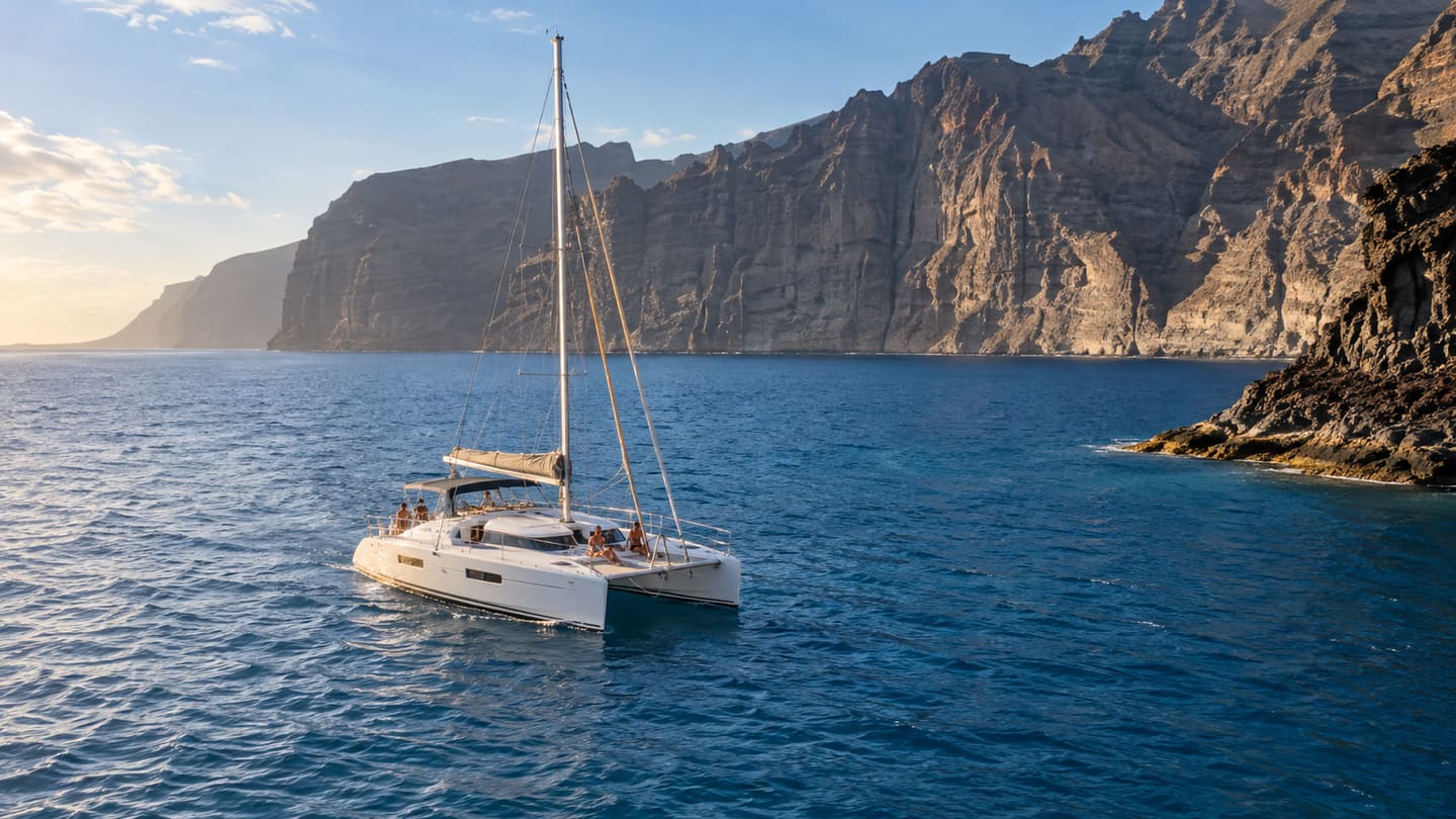 A sailing catamaran cruising below the Los Gigantes cliffs in Tenerife
