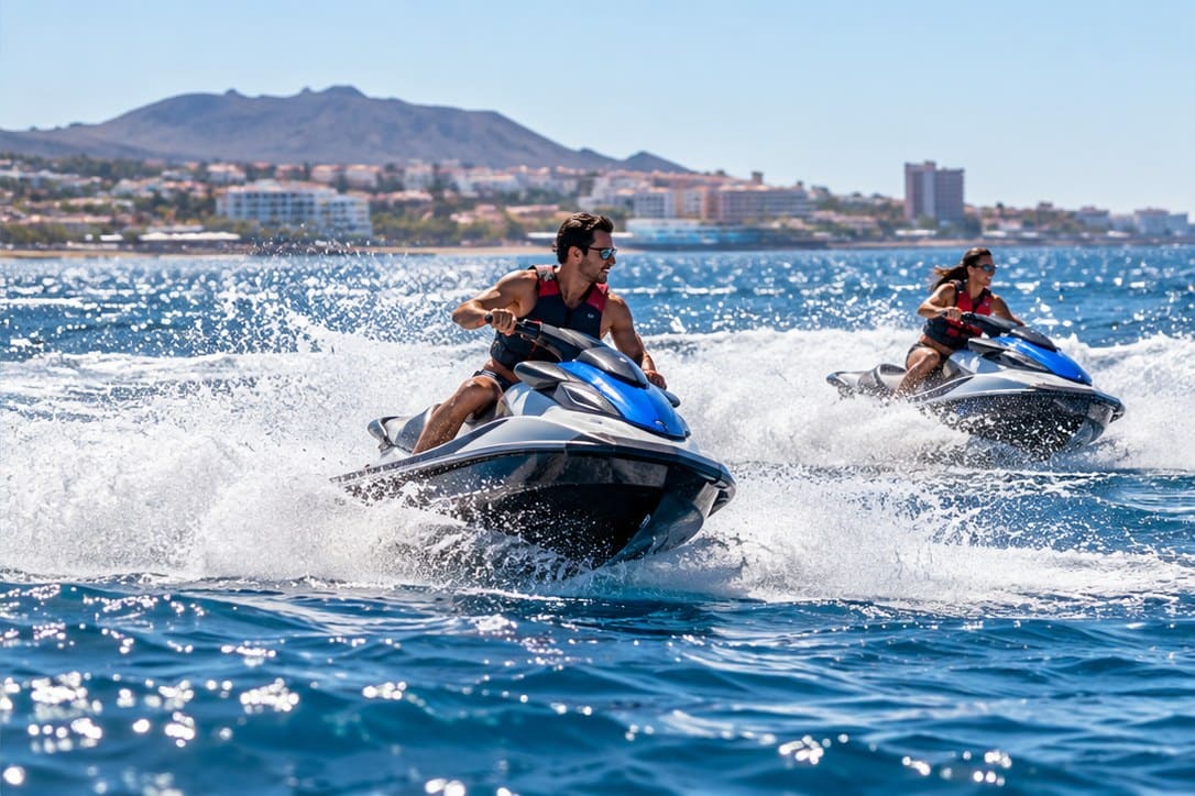 Two jet ski riders wearing lifejackets on blue Atlantic water with a resort coast behind them
