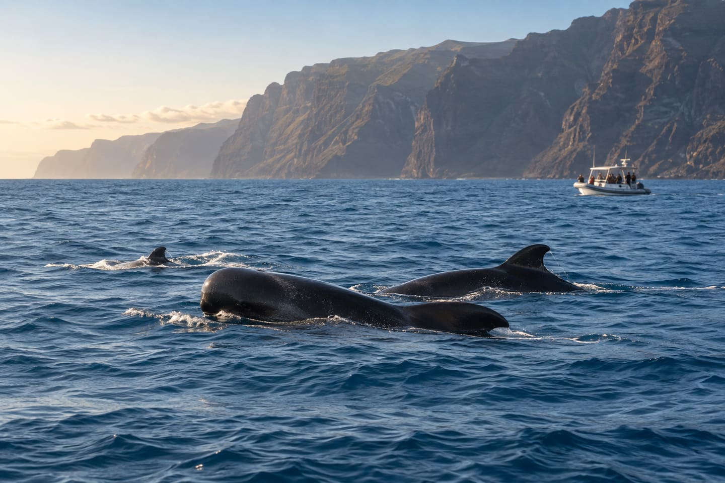 Short-finned pilot whales surfacing beside a small licensed whale-watching boat off Tenerife