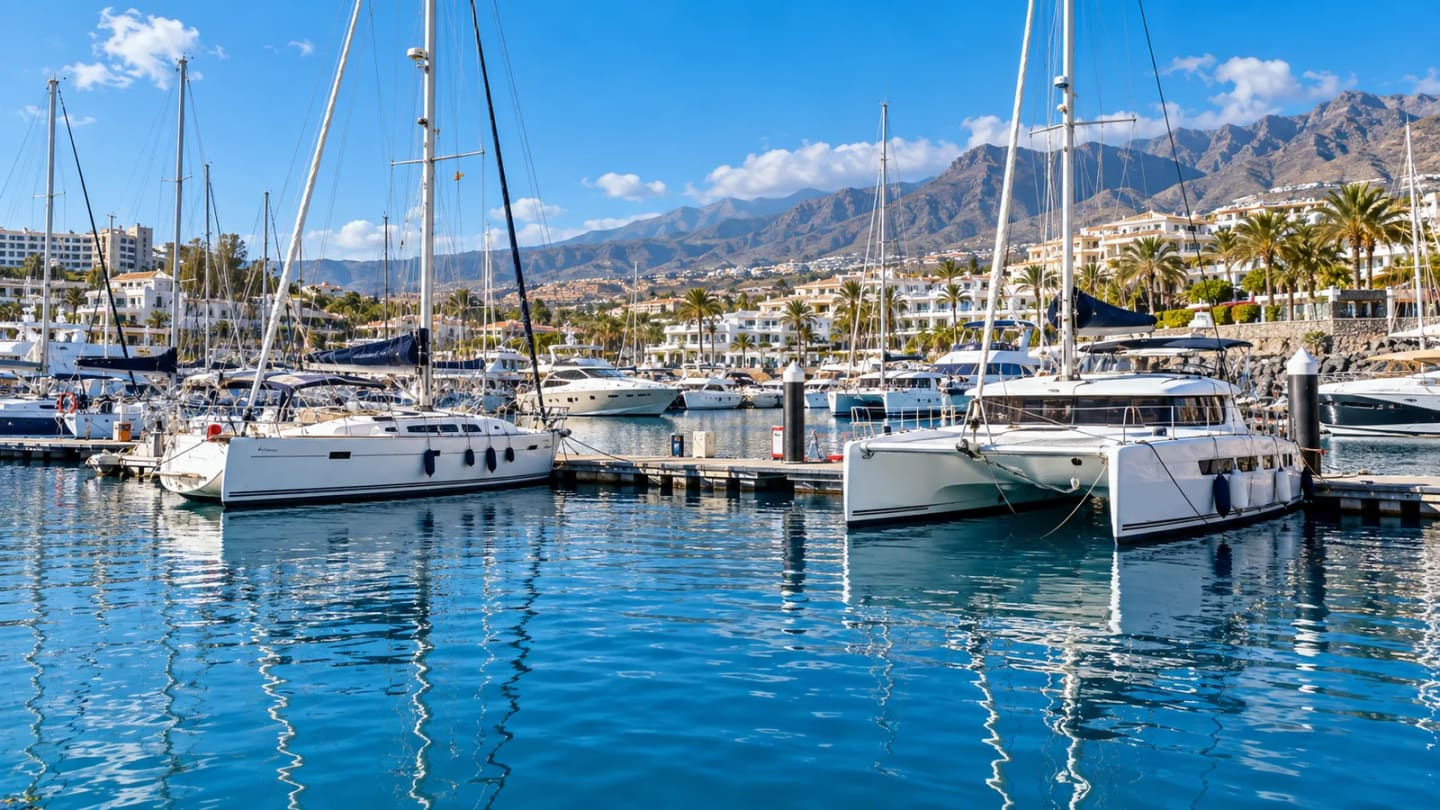 White sailing yachts and catamarans moored at Puerto Colón marina with palms and Costa Adeje behind them