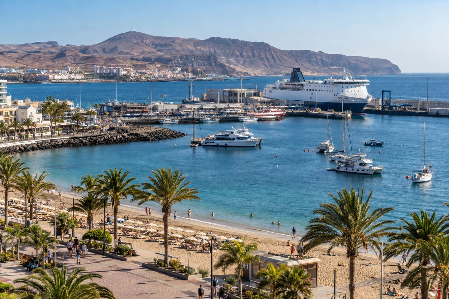 Ferry, excursion boats and beachfront at Los Cristianos harbour in Tenerife
