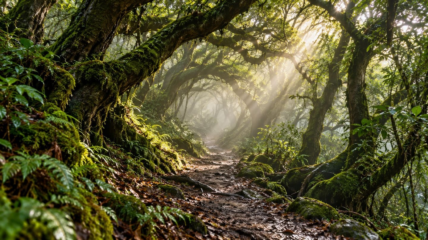 A damp walking path beneath mossy laurel trees in misty Anaga forest