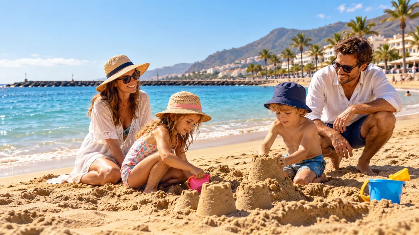 Parents and two young children building sandcastles beside a sheltered Tenerife beach