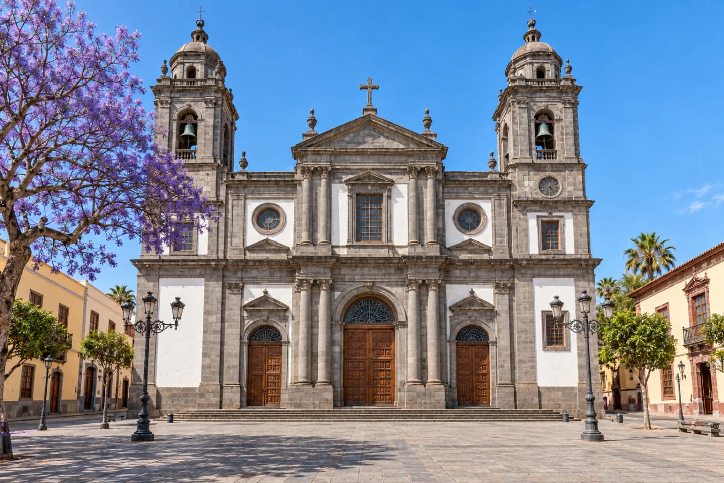 The neoclassical façade and twin towers of La Laguna Cathedral