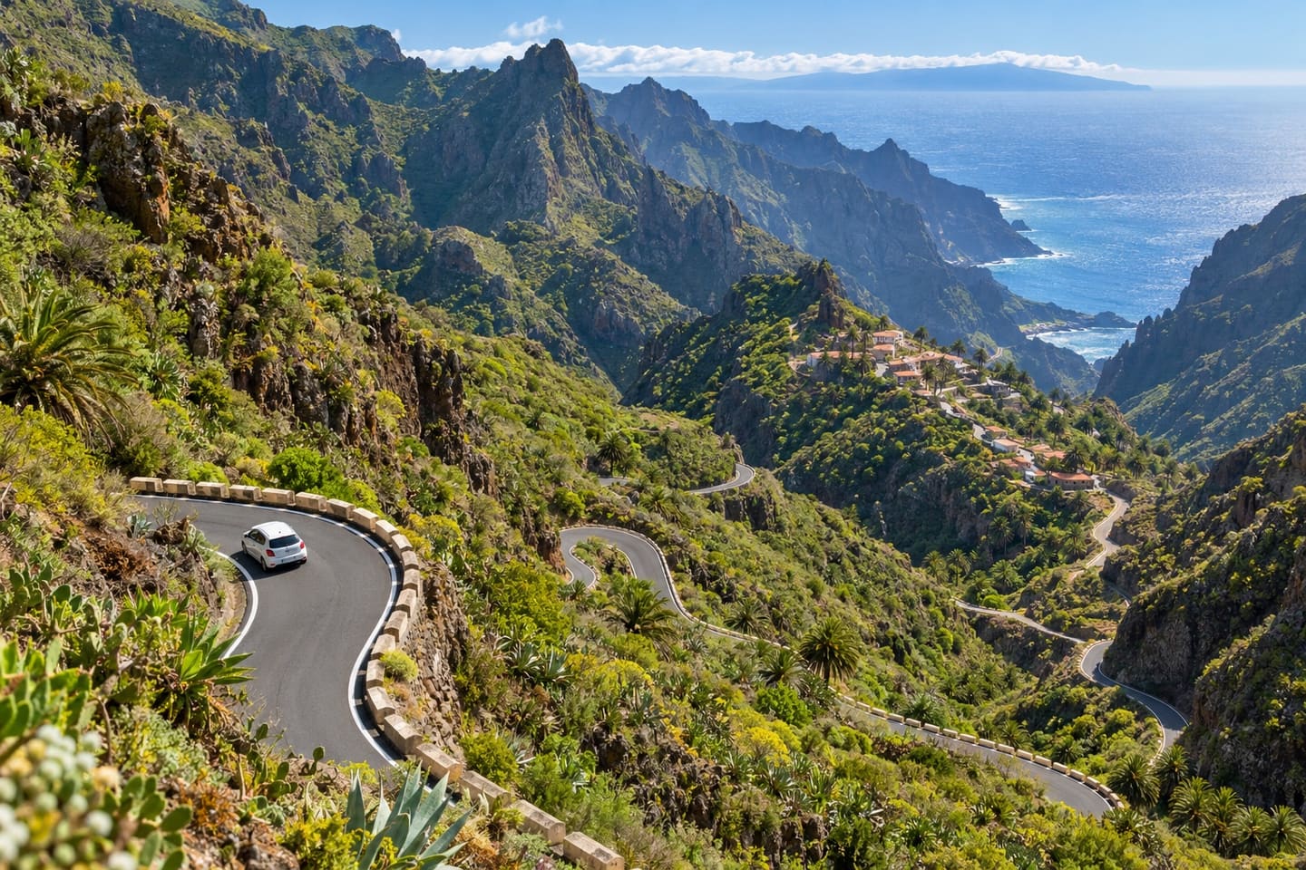 A small car negotiating a hairpin bend on the narrow TF-436 road through the Teno mountains