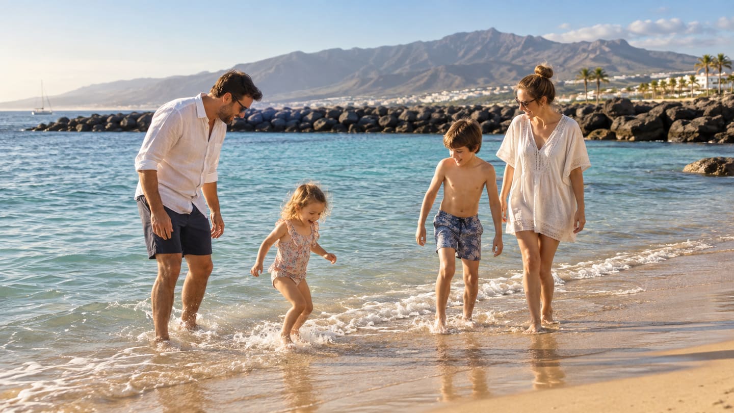 Family with a young child and an older child paddling at a sheltered Tenerife beach