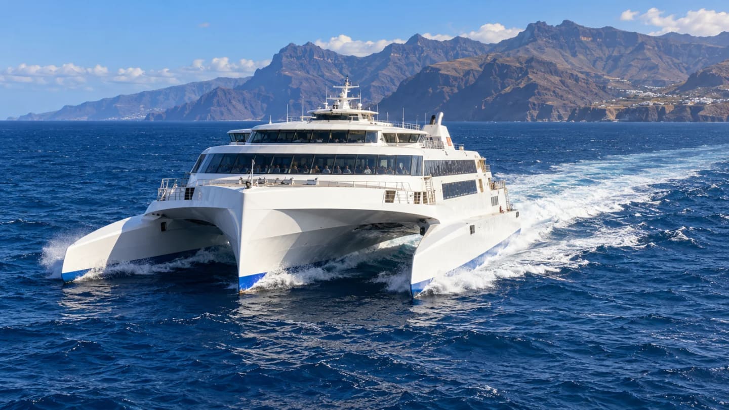 A white high-speed trimaran ferry crossing the Atlantic near Gran Canaria