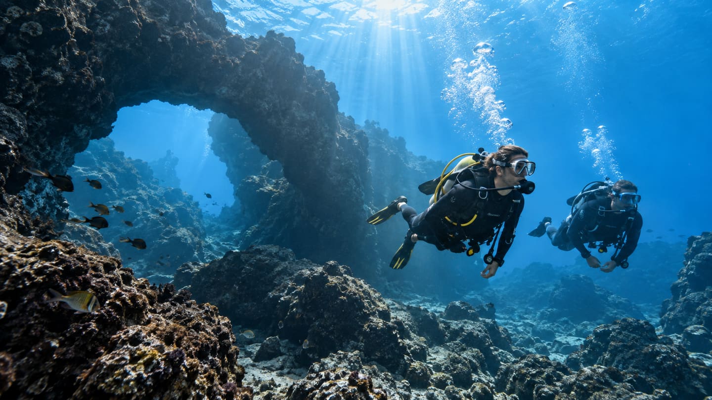 Two scuba divers swimming beside a volcanic rock arch in clear Atlantic water off Tenerife