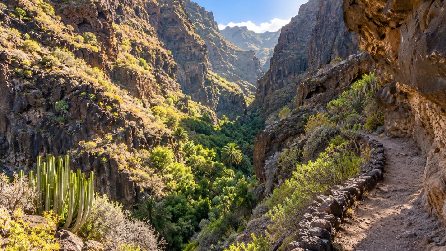 A narrow trail beside the volcanic walls of Barranco del Infierno