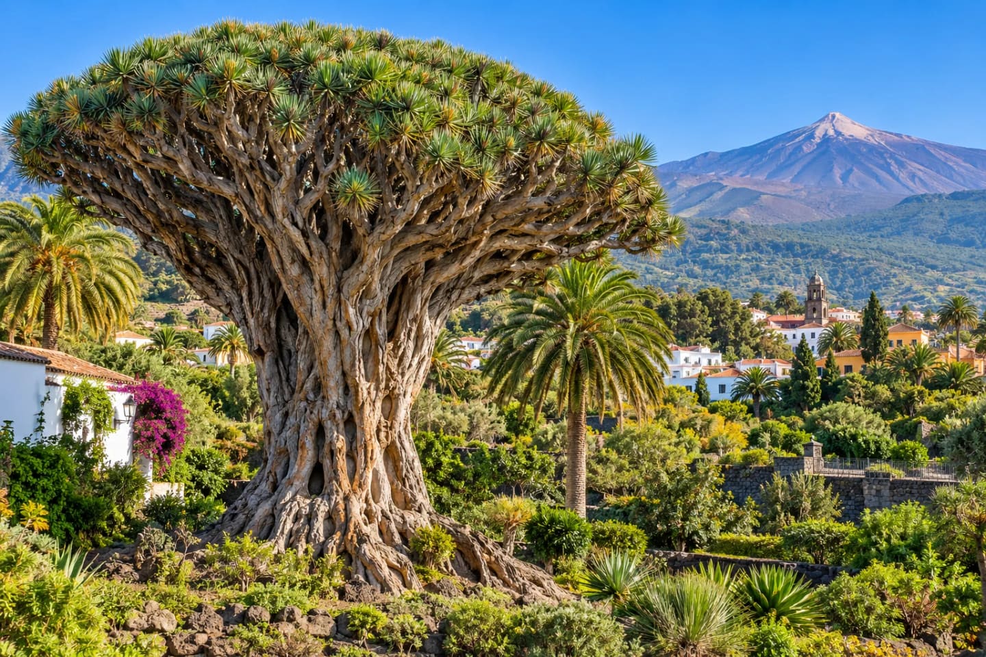 An ancient dragon tree in an Icod botanical garden with Mount Teide in the distance